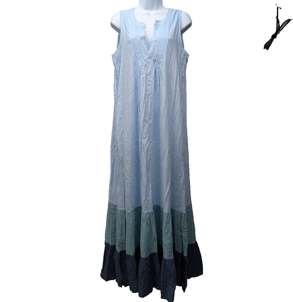 Cezele Linen Maxi Dress Womens Medium Color Block Tiered Coastal Relaxed Pintuck